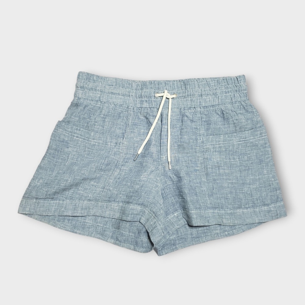 Athleta Cabo Linen 4" Short Blue Chambray Elastic Waist Drawstring Size 10